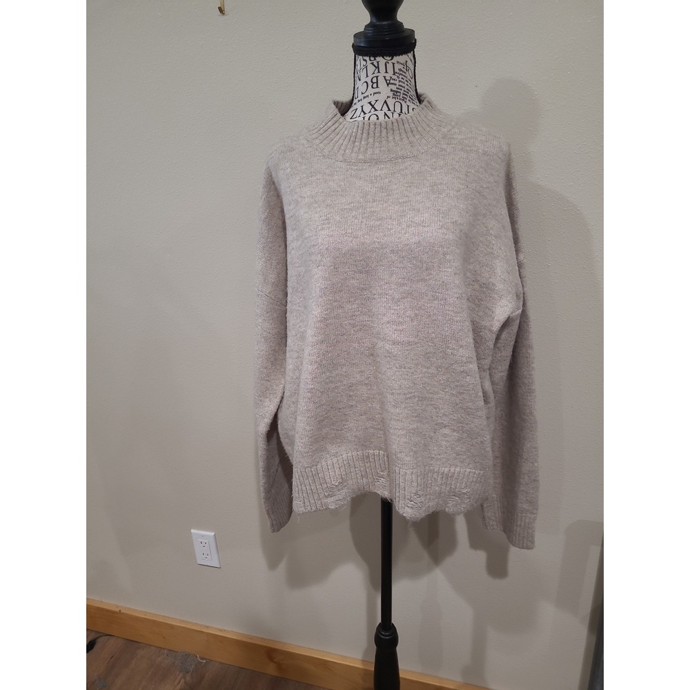 Hem & Thread Women SZ L Mock Neck Long Sleeve Sweater Oatmeal distress hem boho